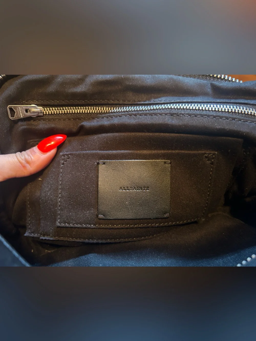 All Saints Black Leather Crossbody Bag with Silver Chain